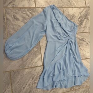 Michael Costello x Revolve Womens Blue One Sleeve Ruffle Mini Dress Size Small